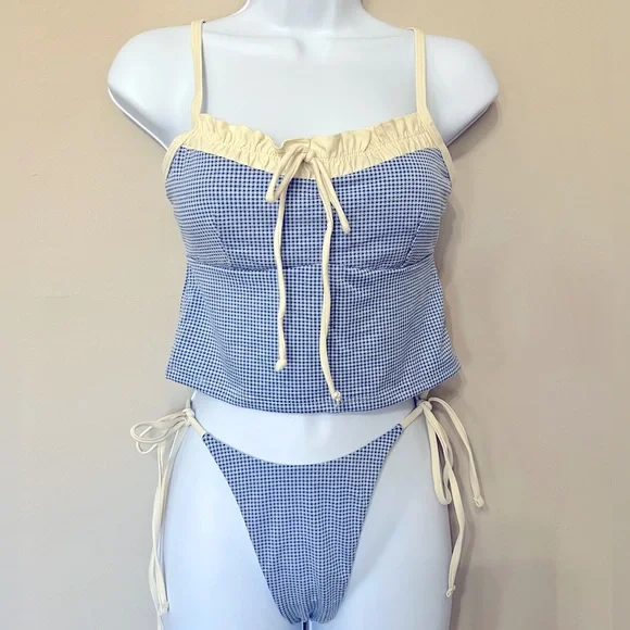 Blue White Gingham High Cut Cheeky Tankini Set - Picture 12 of 16